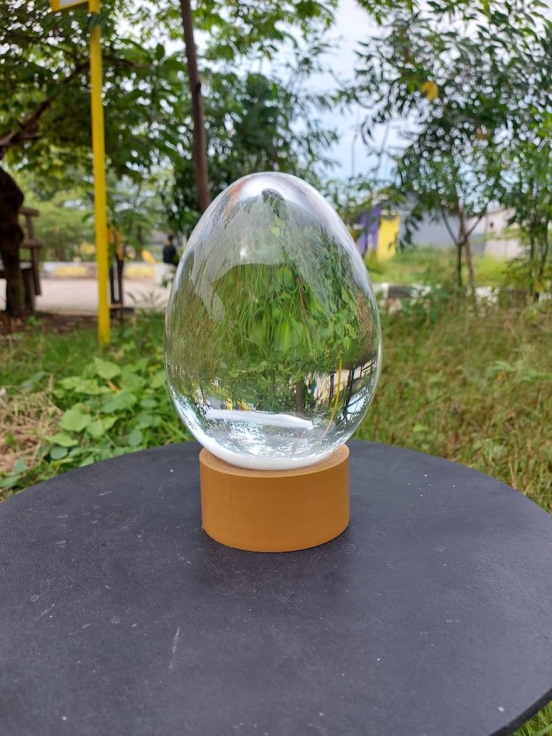 Pode incluir: Um orbe de vidro transparente com uma base dourada est&aacute; sobre uma superf&iacute;cie preta. O orbe reflete a vegeta&ccedil;&atilde;o ao redor.