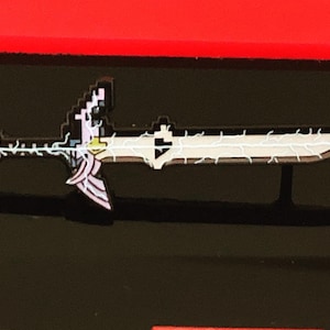 May include: A white and gold sword with a pink handle and a lightning bolt design. The sword is on a black background.