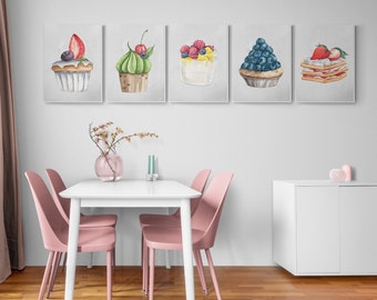 Dessert Wall Art, Watercolor Desserts, Kitchen Wall Art, Bakery Decor, Food Art Print Set, Retro Sweets Prints, Food Gallery Wall