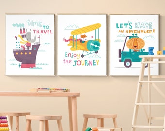 Travel Theme Nursery, Adventure Nursery Animals, Travel Nursery Decor, Adventure Awaits Nursery, Transport Wall Art, Vehicles Prints