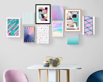 Pink And Blue Gallery Wall Set, Eclectic Wall Art, Navy And Pink Prints, Pastel Wall Prints, Pastel Art Print Set, Abstract Wall Art Set