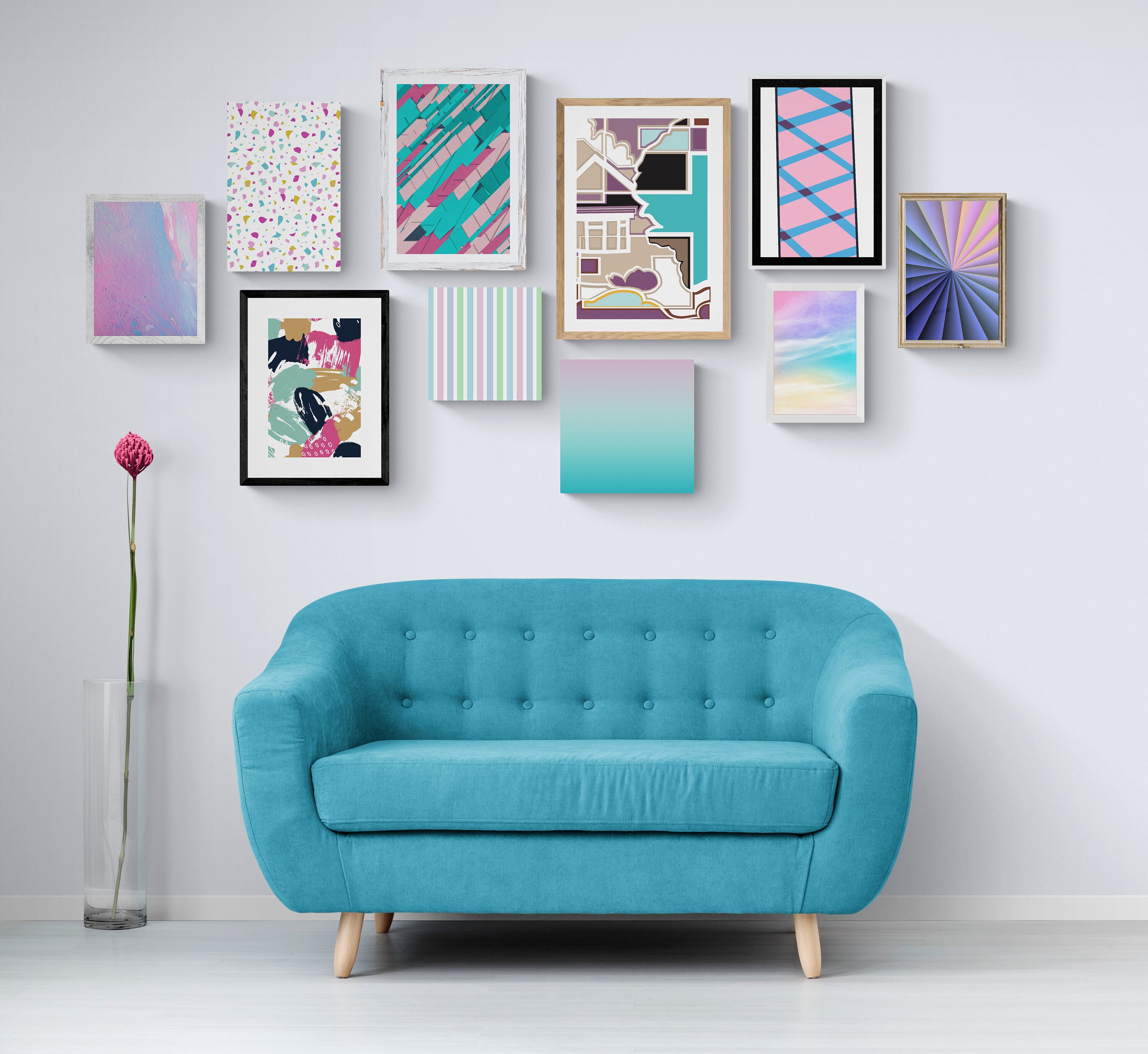 Pink and Blue Wall Art, Pastel Gallery Wall Set, Feminine Office