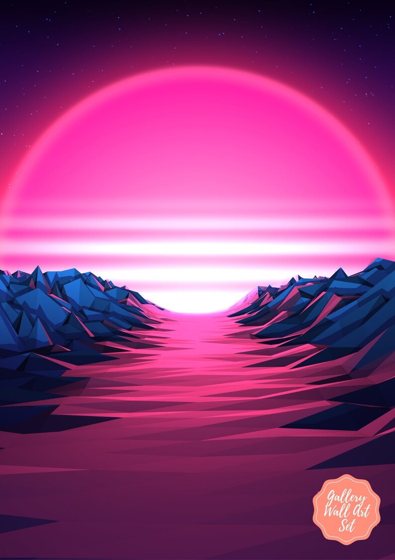 Neon Moon Art Retro Space Prints Neon Wall Decor Full Moon Etsy