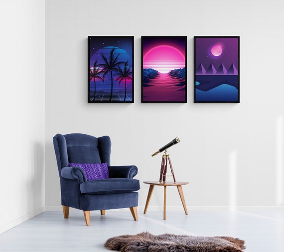 Neon Moon Art Retro Space Prints Neon Wall Decor Full Moon Etsy