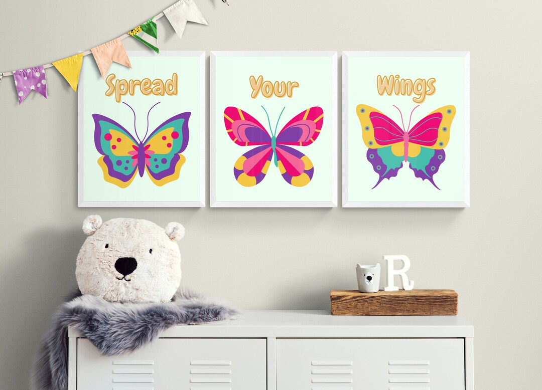 Butterfly Nursery Wall Art, Colorful Butterfly Print Set, Butterfly