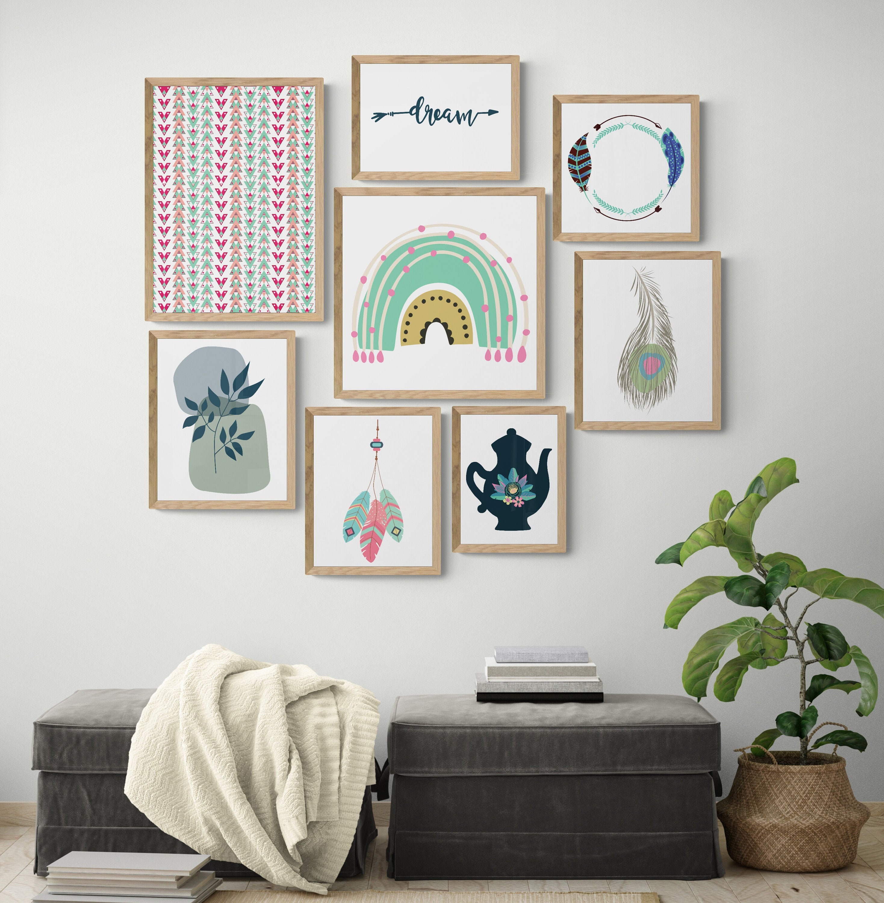 Boho Printable Wall Art Set Green Boho Printable Art Etsy