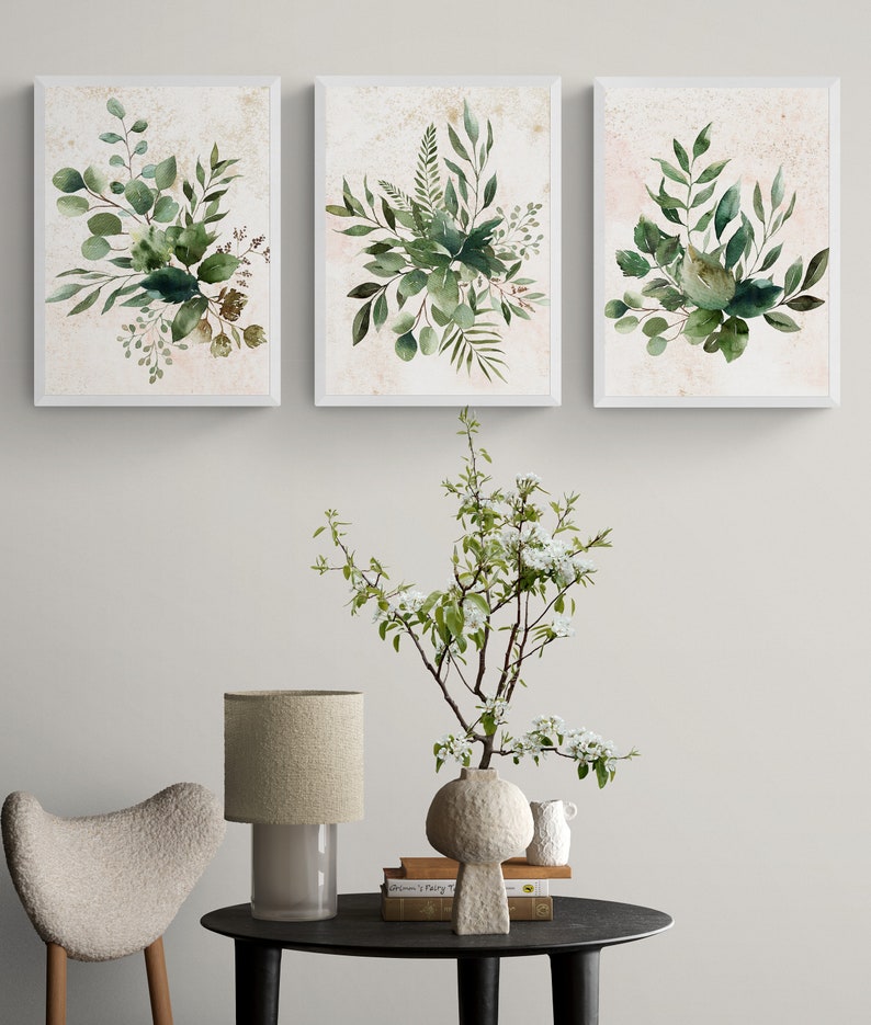 Watercolor Floral Art Prints, Botanical Herbal Art, Green Leaves