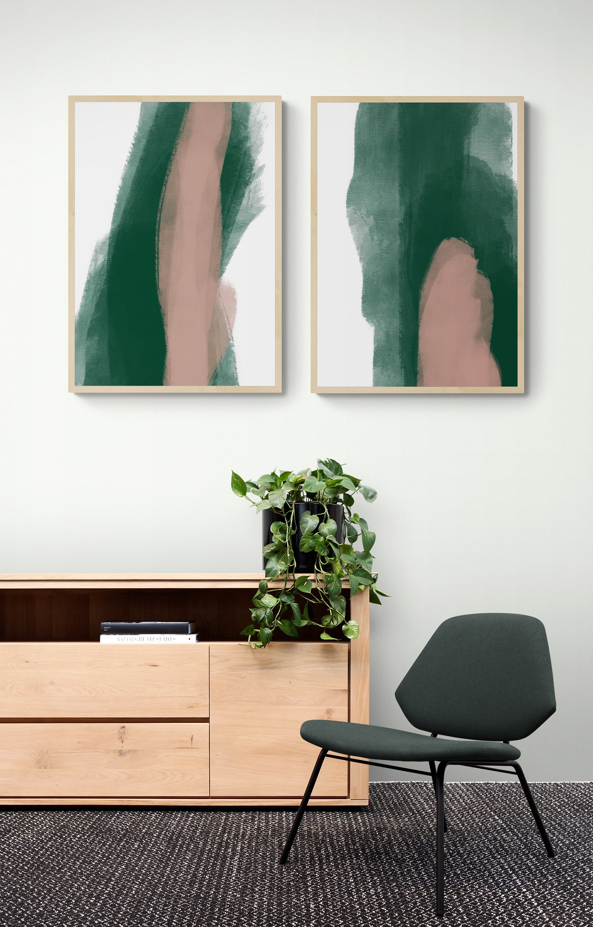 Emerald Green Wall Art, Green and Pink Art, Emerald and Pink Wall Decor, Printable Abstract Set