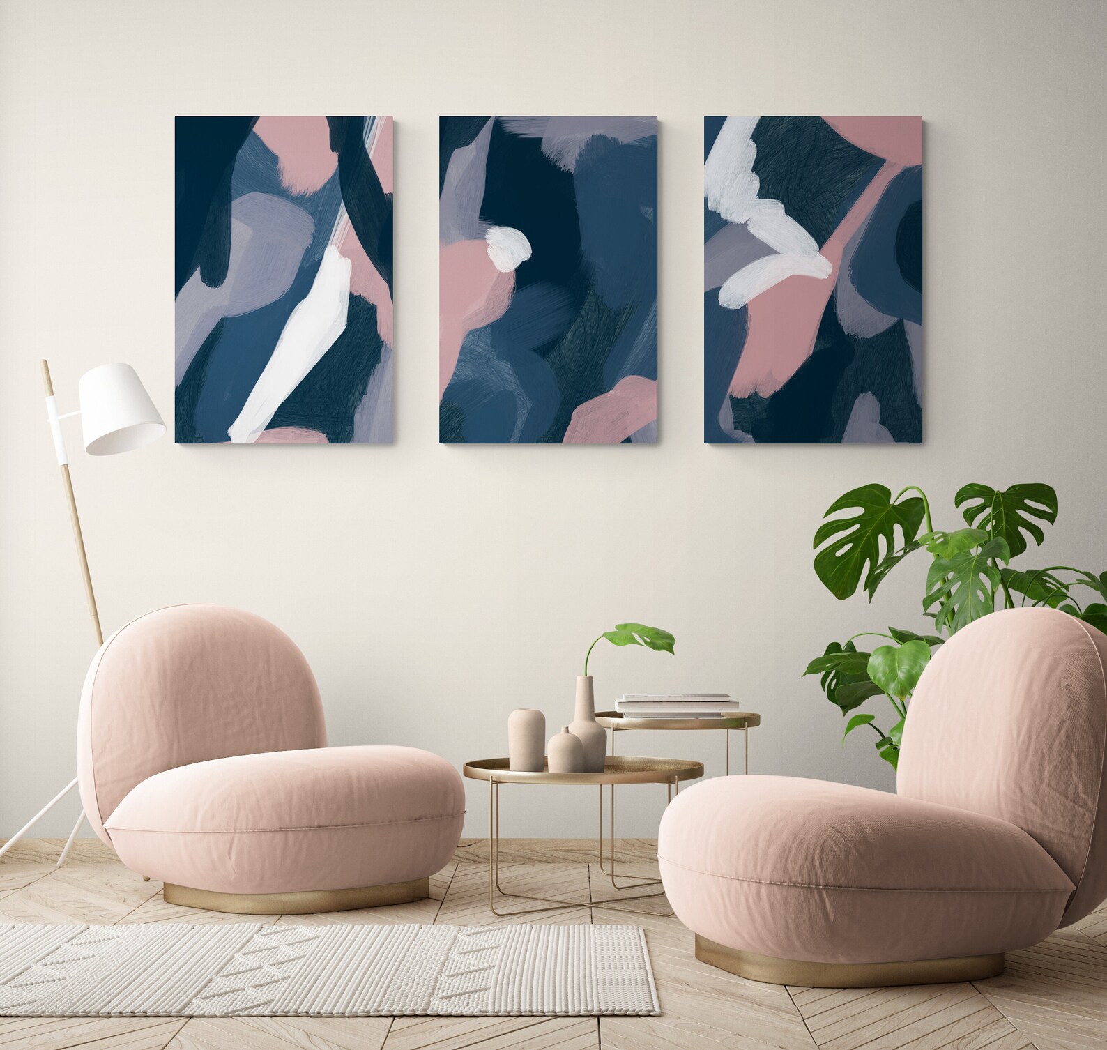 Navy and Blush Abstract Wall Art Pink and Navy Office Wall Etsy