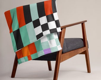 Abstract Modern Plush Blanket, Color Block Patterned Throw Blanket, Checkered Velveteen Plush Blanket, Trendy Aesthetic Home Decor