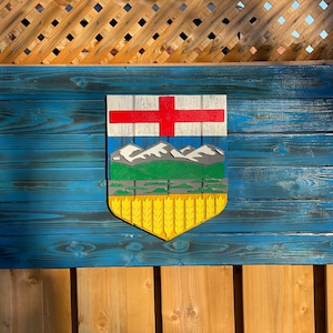 Drapeau albertain 3D en bois | Décoration de porche d'arrière-cour de chalet | Canada | Province | Drapeau en bois | Décoration d'intérieur rustique | cadeau unique