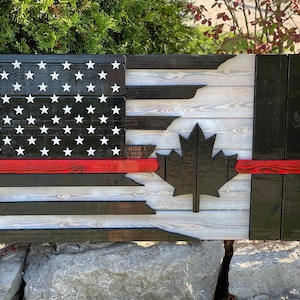 3D Wooden US/Canadian Thin Red Line Flag | Firefighter | Paramedic | Cottage Backyard Porch decor | Canada | USA | Wood Flag | USA Flag