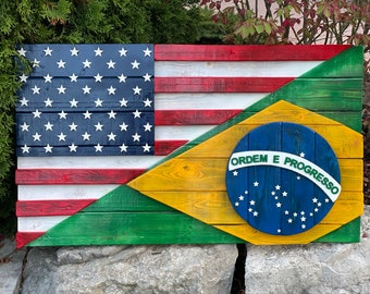 3D Wooden USA/Brazil Flag | Cottage Backyard decor | USA | Brazil | Wood Flag | American flag | Wedding gift | Shower gift | unique gift