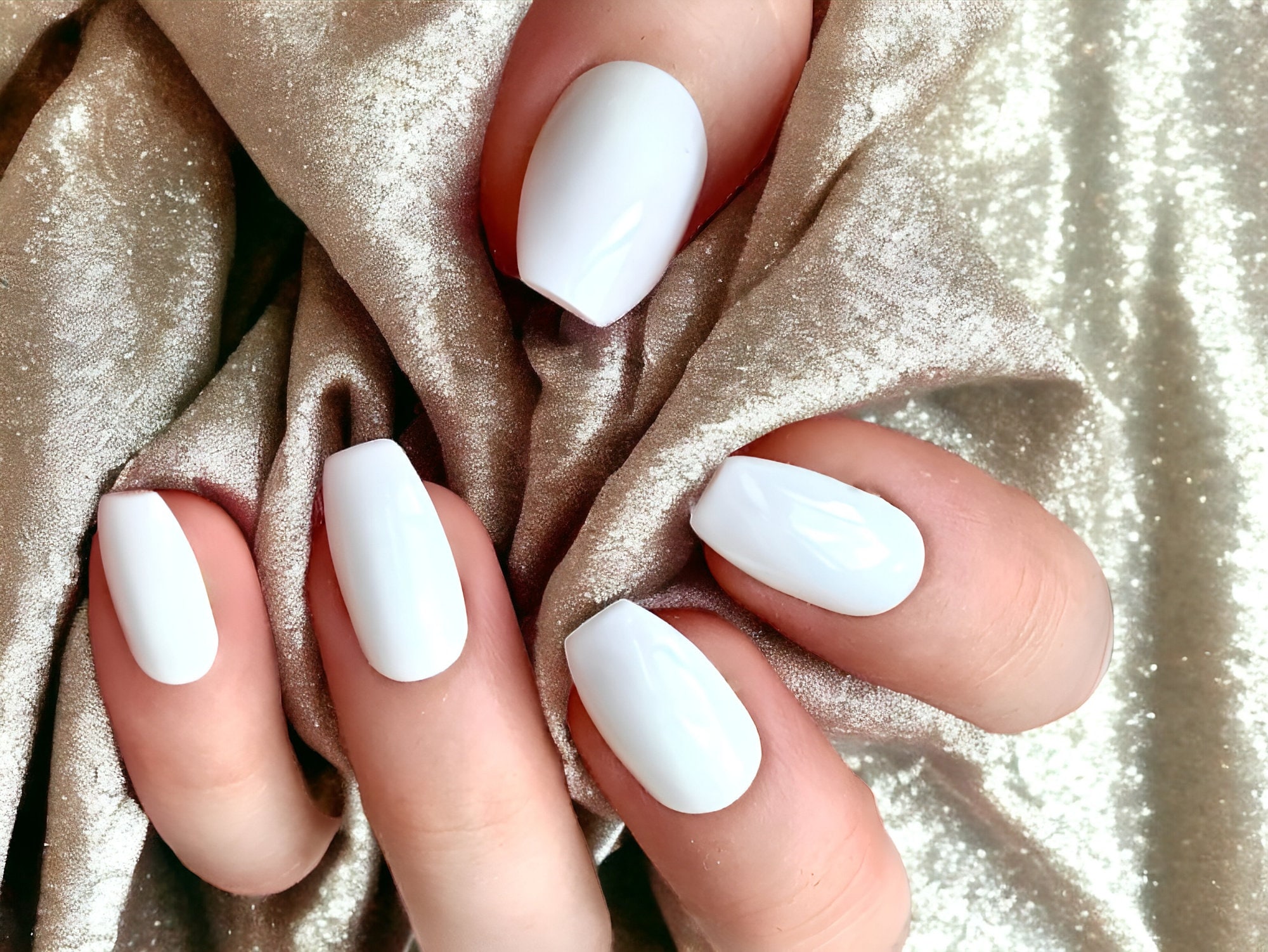Simple white rounded gel nails with an edge! | White gel nails, Gel nails,  Nails design with rhinestones