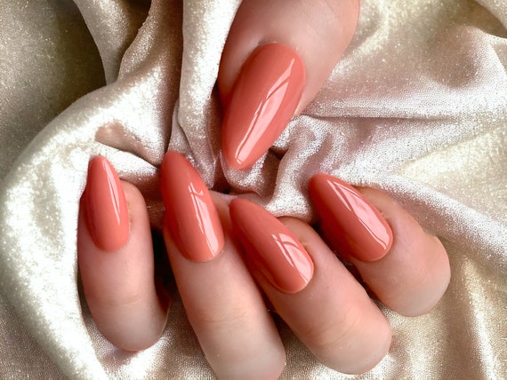 Full Diamond Pink Opaque Nude Almond Shape Press On Nails – Belle