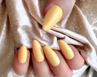 Yellow Pastel Press on Nails, Custom Press on Nails, False Nails, Stick on Nails, Set of 10, Set of 20, Almond Nails, Coffin Nails