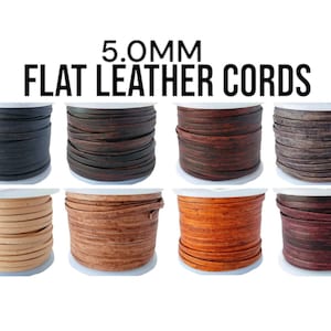 May include: Eight spools of 5.0mm flat leather cords in various colors, including black, brown, beige, tan, orange, and burgundy.