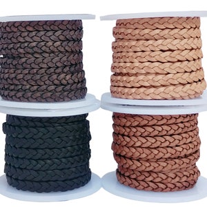 Cordón bolo de cuero genuino trenzado plano de 5 mm, cuerda para bisutería, manualidades y proyectos de hobby - 8 colores