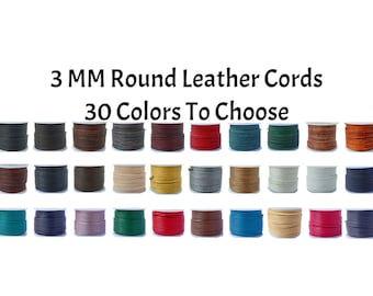 3 MM Round Genuine Leather String Cord, Rope for Jewelry Making, Necklaces, Bracelets, Kumihimo Braiding, Wraps, Crafts and Hobby Projects