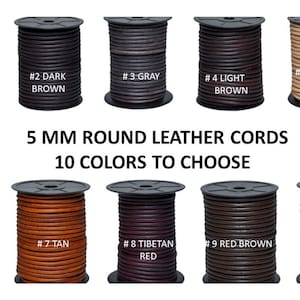 Può includere: Dieci bobine di cordoncino in pelle tonda da 5 mm in vari colori, tra cui nero, marrone, grigio, marrone chiaro, rosso e naturale. Le bobine sono numerate da 1 a 10.