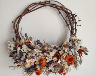 Natural door wreath, Dried flower wreath, Dining room wall decor, Bright wall hanger, Dry floral arrangement, Spring wreath