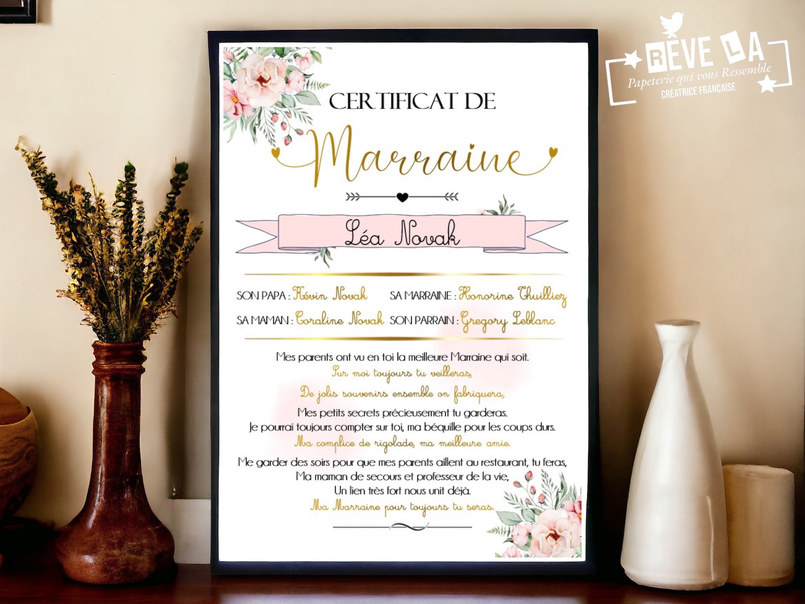 Certificat de Parrain ou Marraine - Etsy France