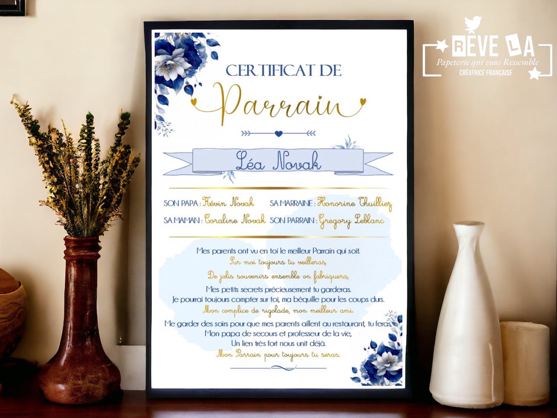 Certificat de Parrain ou Marraine - Etsy France
