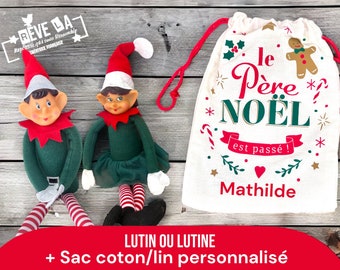 Lutin ou Lutine + sac cadeau lin/coton personnalisé/noël/Elfe/Elfie/