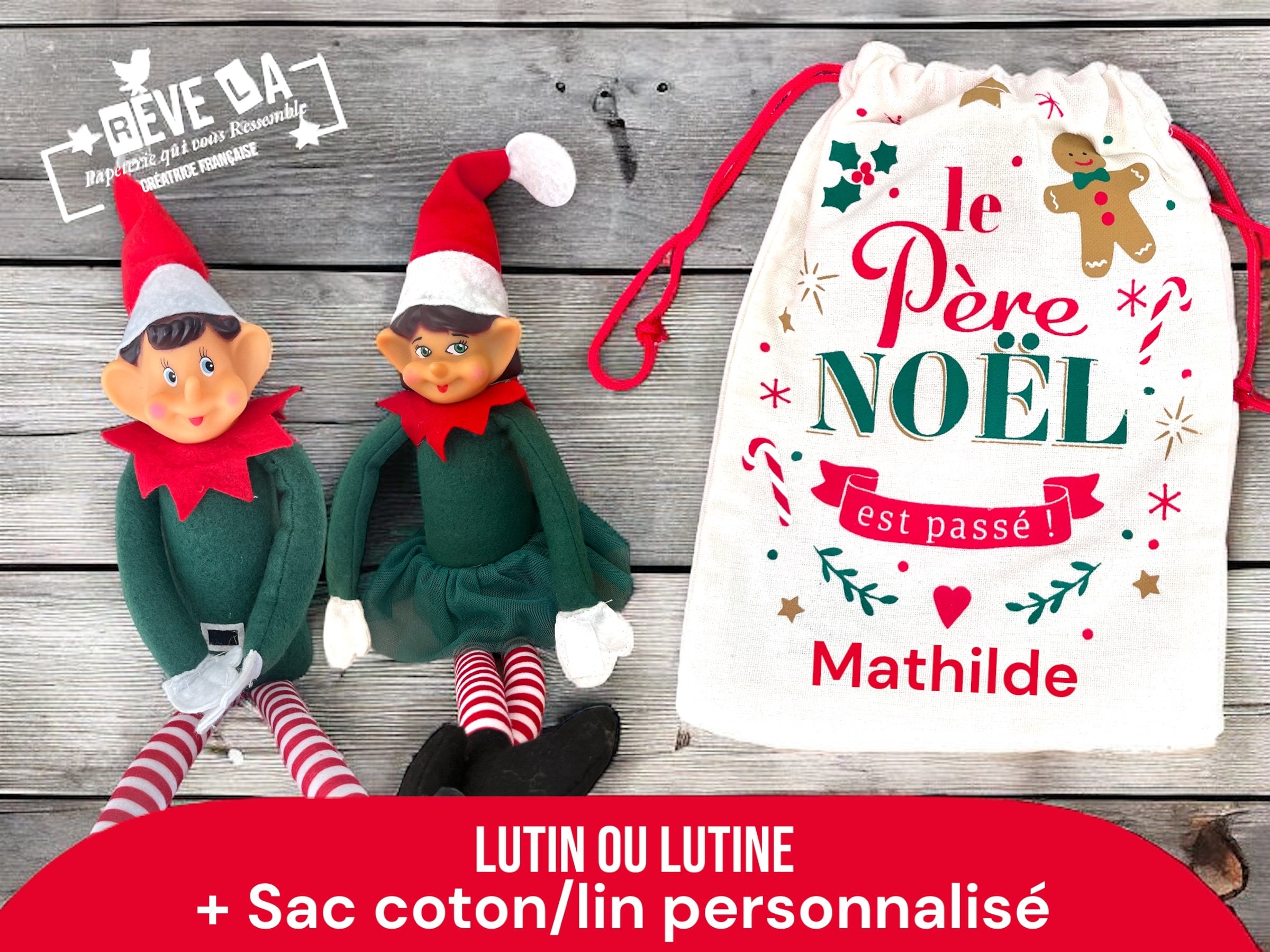 Lutin ou Lutine sac cadeau lin/coton personnalisé/noël/Elfe/Elfie/ -   France