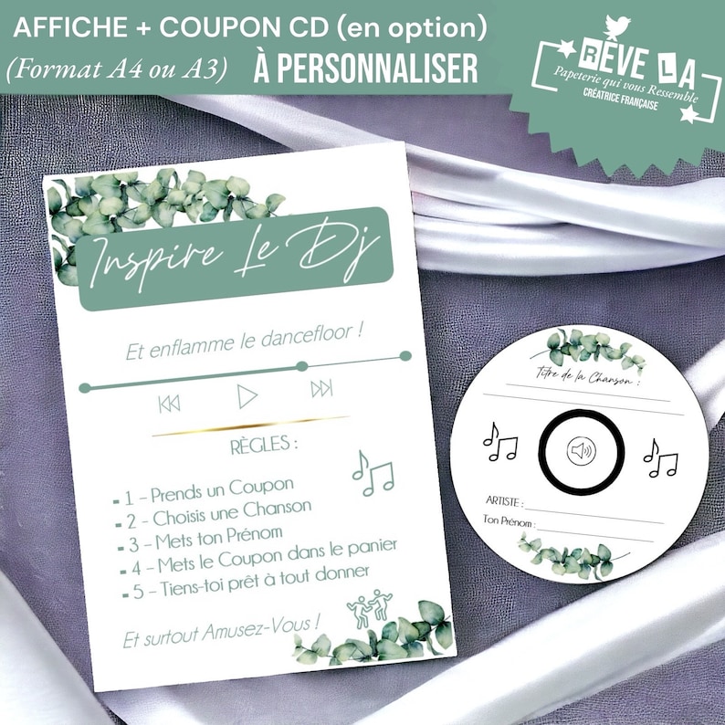 Coupons CD Inspire le DJ et/ou Affiche A4 ou A5 Inspire le DJ/ mariage/ Baptême/ Anniversaire/ Papeterie / animation image 1