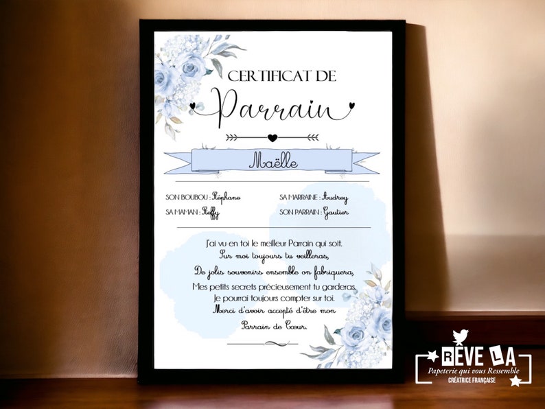 Certificat de Parrain ou Marraine - Etsy France