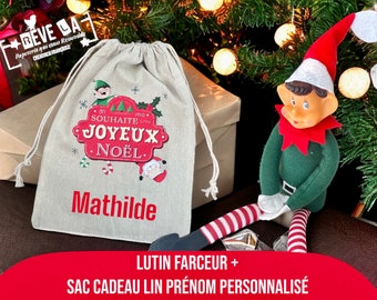 Lutin ou Lutine + sac cadeau lin/coton personnalisé/noël/Elfe/Elfie/