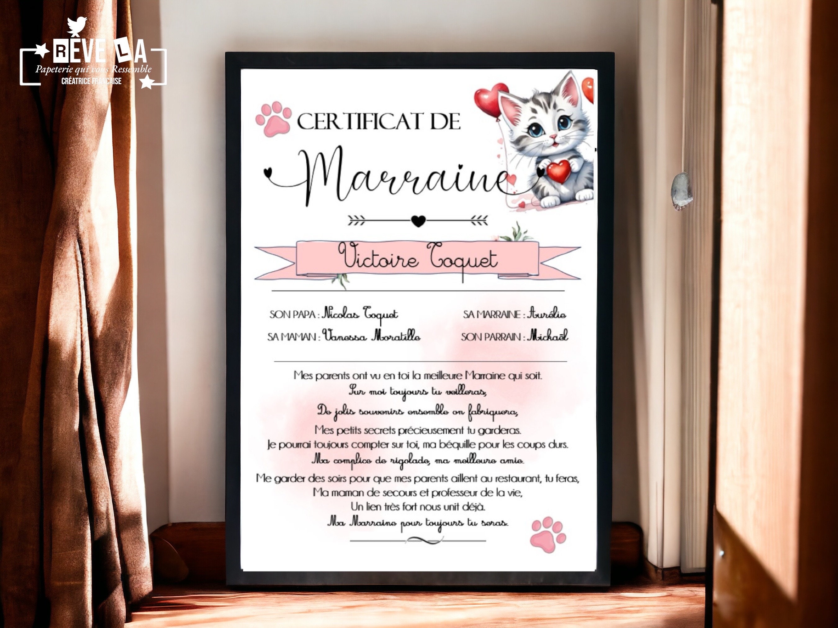 Certificat de Parrain ou Marraine - Etsy France