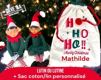 Lutin ou Lutine + sac cadeau lin/coton personnalisé/noël/Elfe/Elfie/