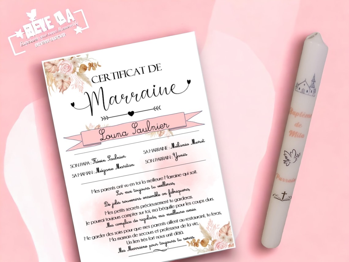 Certificat de Parrain ou Marraine - Etsy France