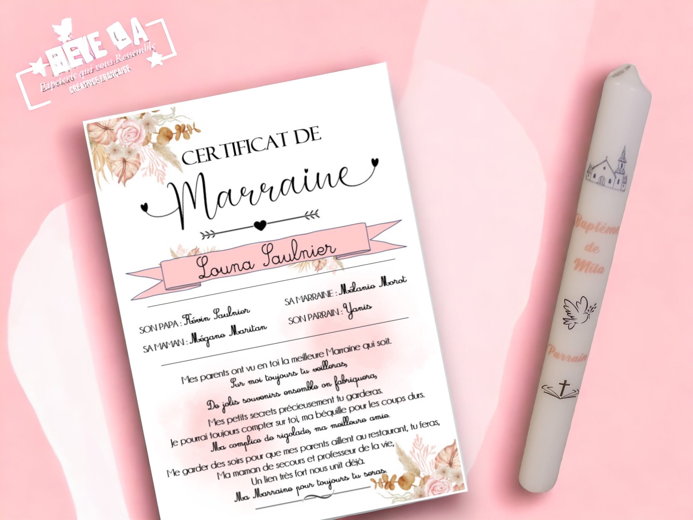 Certificat de Parrain ou Marraine - Etsy France