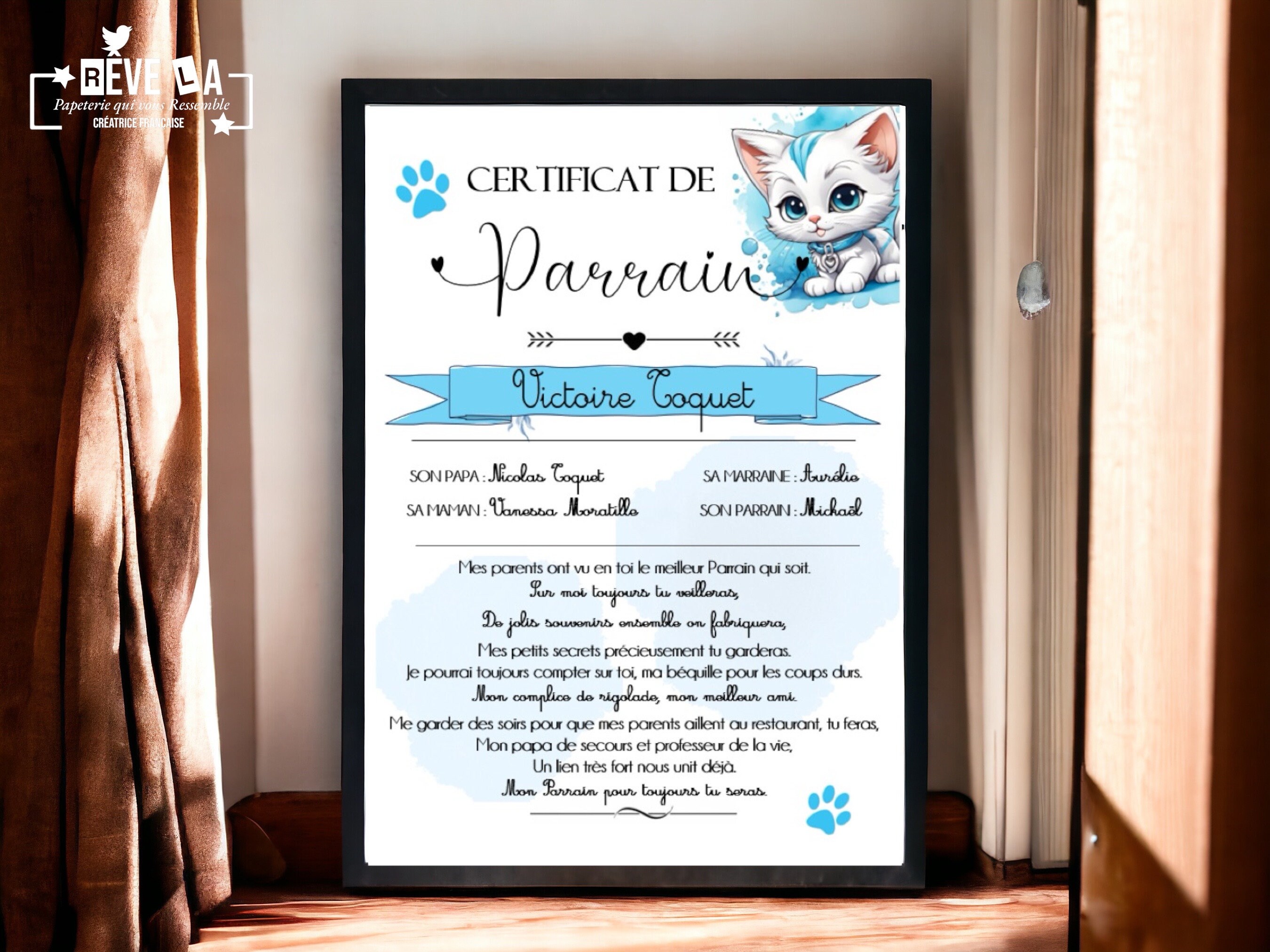 Certificat de Parrain ou Marraine - Etsy France