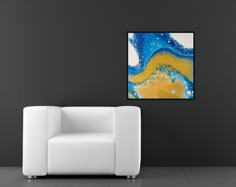 40x40 acrylic pouring art picture - blue, gold, white