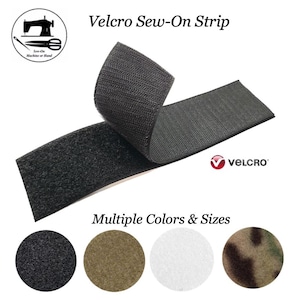 May include: Black Velcro sew-on strip with the "VELCRO" logo. The image also shows a sewing machine logo and the text "Multiple Colors & Sizes". Additional color swatches include black, olive green, white, and camouflage.