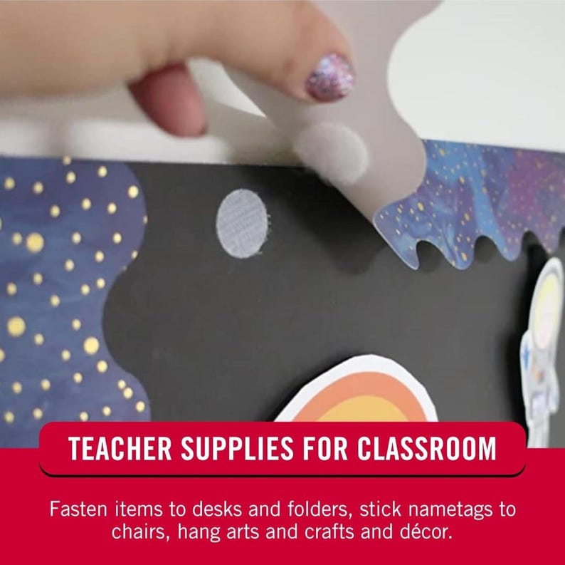 May include: A close-up of a hand applying a white, round, adhesive sticker to a black surface. The surface is decorated with colourful, patterned paper. The text "TEACHER SUPPLIES FOR CLASSROOM" is visible at the bottom of the image.
