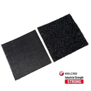 May include: Two black Velcro squares, one with a hook surface and the other with a loop surface, are displayed against a white background. The Velcro logo and the words "Industrial Strength STRONG" are visible.