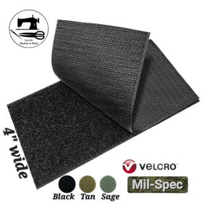 May include: A black sew-on hook and loop fastener strip measuring 4 inches wide. The product features a textured loop side and a rigid hook side. Included are icons for sewing, the Velcro brand logo, and text labels for Black, Tan, and Sage color options.