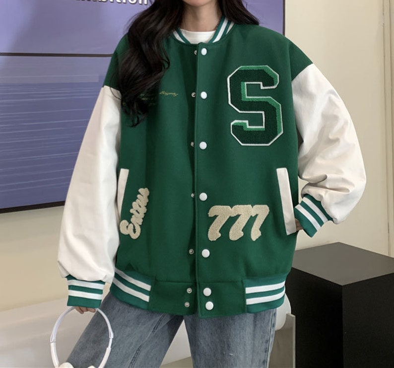 Green Varsity Jacket Retro Bomber Jacket Hip Hop Baseball Etsy