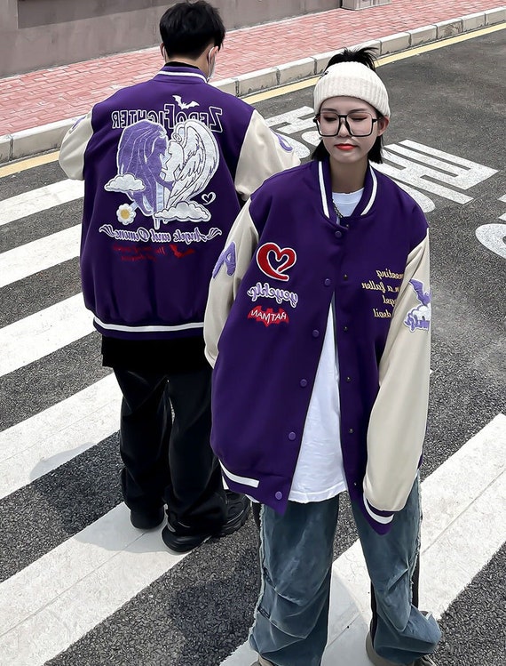 Purple Varsity Jacket Wing Bomber Jacket Embroidery College - Etsy