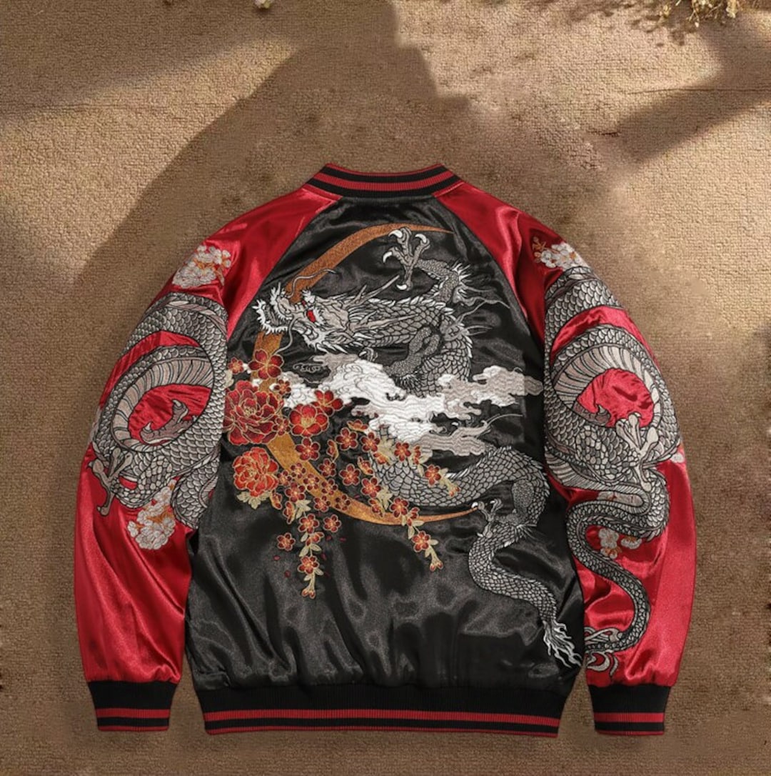 Dragon Embroidered Jacket Men Bomber Jacket Contrast Color Etsy