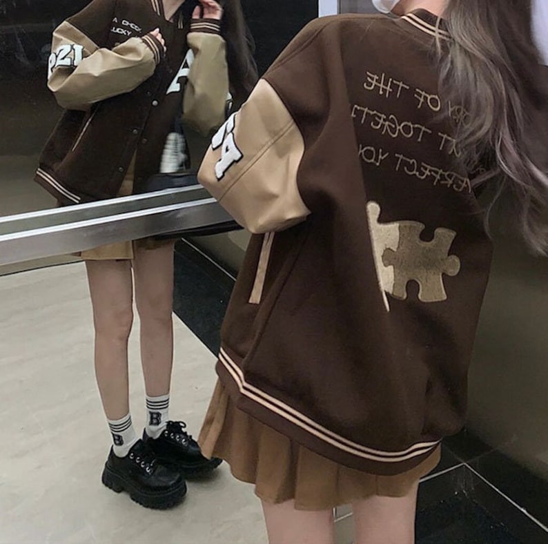 Brown Varsity Jacket Retro Bomber Jacket Hip Hop Baseball Etsy