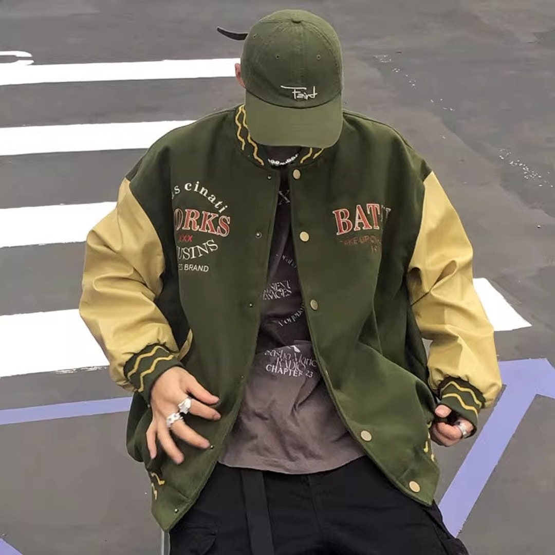 Green Varsity Jacket Embroidery College Jacket Retro Etsy