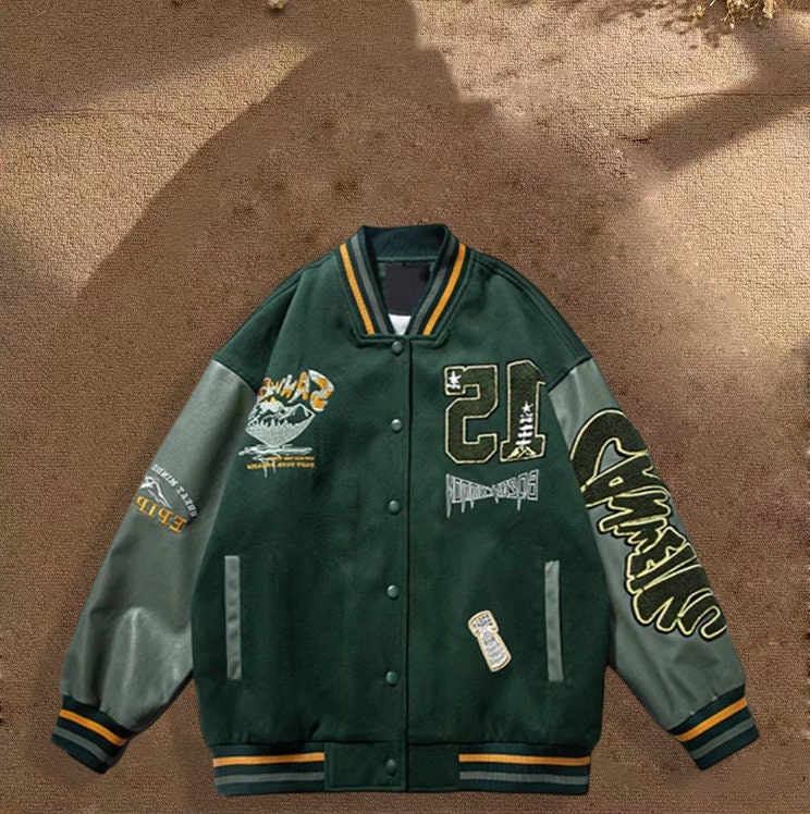 Varsity Letterman Baseball Bomber Retro Vintage Jacket Forest Green Wool  Gold Genuine Leather Sleeves at  Men’s Clothing store