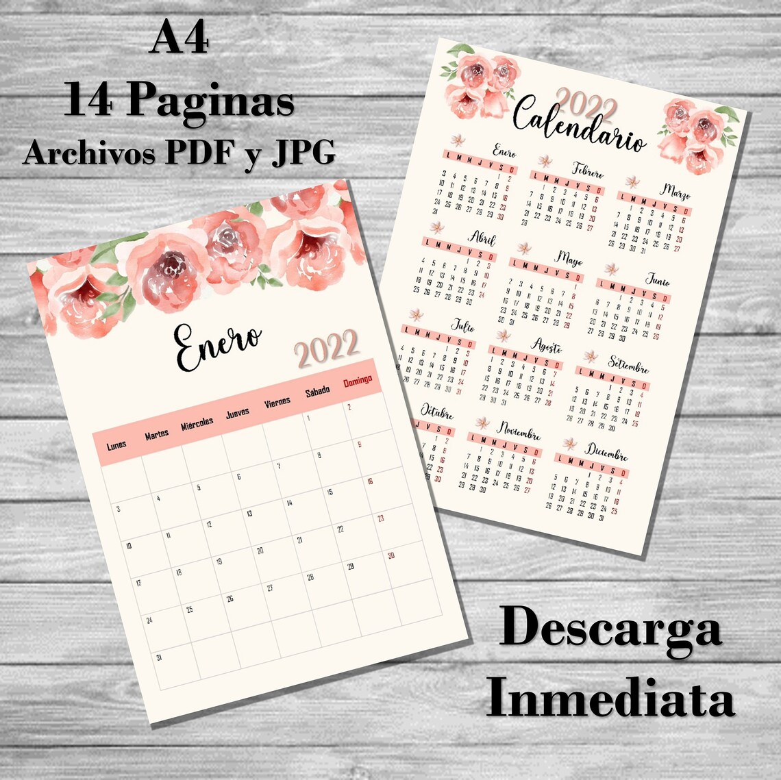 2022 calendar 2022 watercolor pink roses calendara4 size etsy