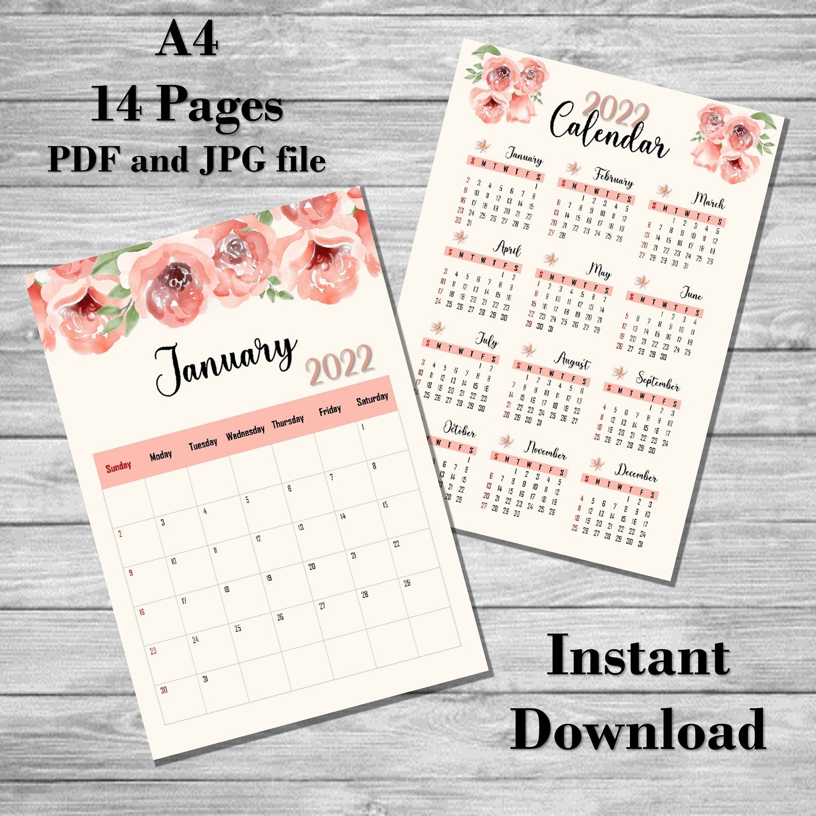 2022 calendar 2022 watercolor pink roses calendara4 size etsy